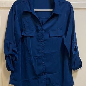 Women's Navy Button-Down Shirt with Roll-Tab Sleeves
